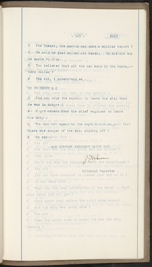 Wrecks, Casualties and Salvage - Formal Investigations - S.S. LETITIA