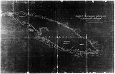 Carte intitluée CHART SHOWING WRECKS ON ANTICOSTI ISLAND FROM THE YEAR 1820 TO 1911 PREPARED BY DEPARTMENT OF MARINE AND FISHERIES, QUEBEC AGENCY, 1911