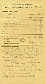 Résultats des examens du Toronto Conservatory of Music pour la troisième année de piano, datés du 20 février 1940
