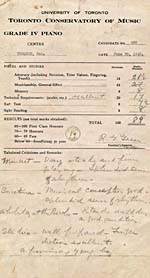 Résultats des examens du Toronto Conservatory of Music pour la quatrième année de piano, datés du 20 juin 1940
