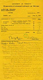 Première page du feuillet présentant les résultats des examens du Toronto Conservatory of Music passés en 1945