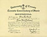 Diplôme de pianiste soliste (interprétation) du Toronto Conservatory of Music de l'University of Toronto obtenu en 1946