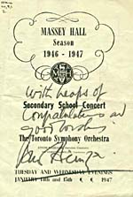Couverture du programme du concert de l'Orchestre symphonique de Toronto pour les écoles secondaires, signé par Bernard Heinze, en 1947