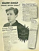 Recto d'un feuillet publicitaire distribué en 1951, présentant une photo de Glenn Gould et des extraits de critiques de concerts qu'il avait donnés