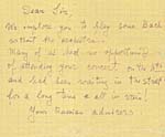 Note écrite à la main qu'on a remise à Gould pendant un concert donné en Russie en mai 1957