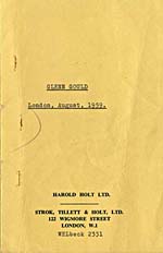 Couverture de l'itinéraire et des notes sur les activités de Glenn Gould à Londres, en Angleterre, du 16 au 21 août 1959