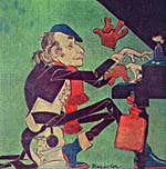 Caricature of Glenn Gould playing the piano, 1981