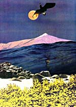 Collage de Joan McCrimmon Hebb représentant une oie survolant une montagne éclairée par la lune