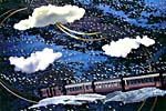 Collage de Joan McCrimmon Hebb représentant un train sous une nuée d'oiseaux et quelques nuages