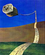 Collage de Joan McCrimmon Hebb représentant une route en perspective conduisant à un quai auquel est attachée une chaloupe