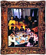 Collage encadré de Joan McCrimmon Hebb représentant une famille attablée disant le bénédicité sous le regard du Christ