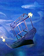 Collage de Joan McCrimmon Hebb représentant un bateau, une ampoule allumée à la proue et une colombe perchée sur le haut de la structure, qui navigue dans des eaux bleues infestées de requins