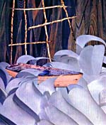 Collage de Joan McCrimmon Hebb représentant une chaloupe dans les flots