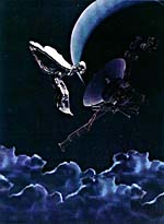 Collage de Joan McCrimmon Hebb représentant un ange observant un satellite dans l'espace, le soir près de la lune