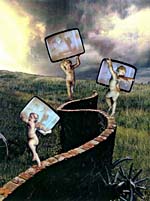 Collage de Joan McCrimmon Hebb représentant trois chérubins transportant des téléviseurs sur un muret de briques sillonnant la campagne