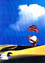 Collage de Joan McCrimmon Hebb représentant un canard nageant près d'une étendue de sable sur laquelle repose une main tenant un oeuf, une autre main flottant dans les airs au-dessus de l'oeuf